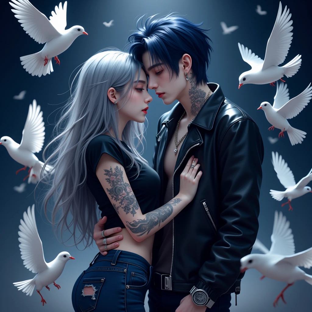 Men and women, Anime illustrations, ((Adult male,  men dark blue hair , Dark brown eyes, Sleepy eyes ,  leather jackets in punk style , Jeansขาดๆ, Ear Piercing, Hug a woman)), ((( female with long gray hair,  red lips, Wearing a black shirt , Jeans,  thick mascara , many Ear Piercing,  tattoos on thighs ))), ทั้งMen and womenมองไปที่ผู้ชม,  a number of white doves., Night time, Full body image,  men taller than women , 3D rendering, High angle view