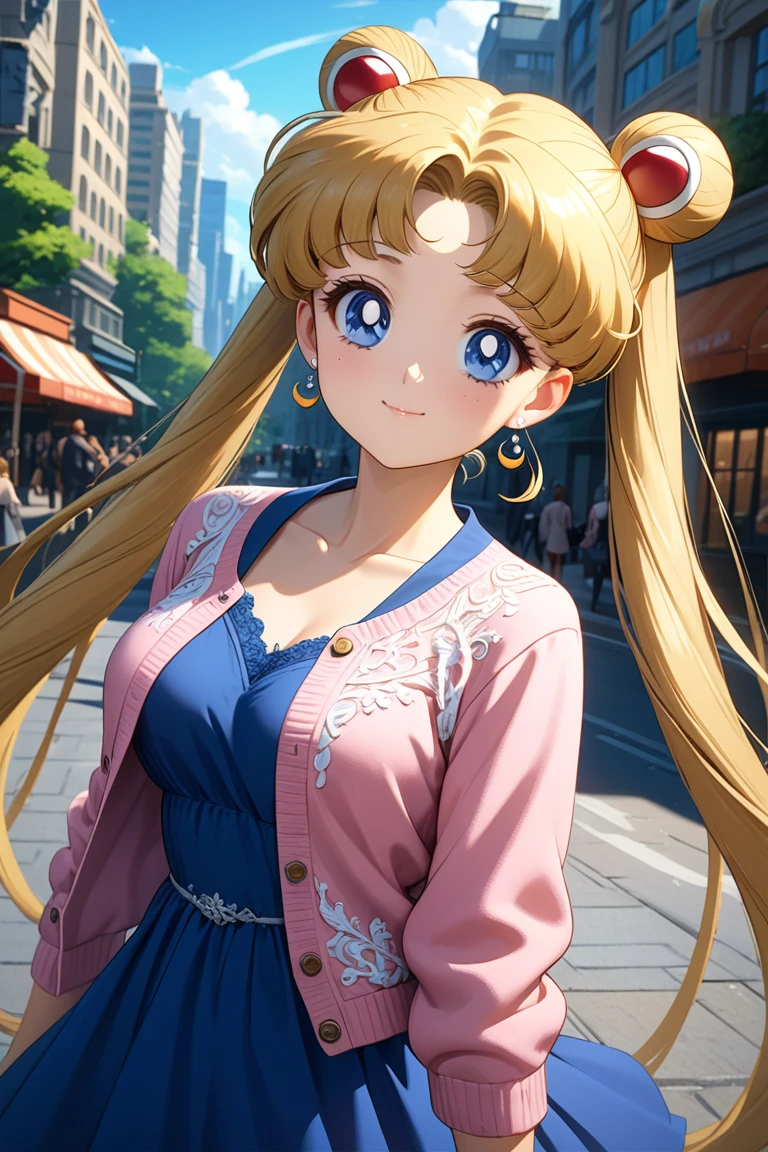 (masterpiece, best quality, very aesthetic, ultra detailed), intricate details, 4k, aausagi, long hair, double bun, twintails, parted bangs, earrings, blue eyes, blue dress, open cardigan, peter collarbone,  pink cropped cardigan, long sleeve,  looking at viewer, closed mouth, smile, outdoors, city, day, standing, 