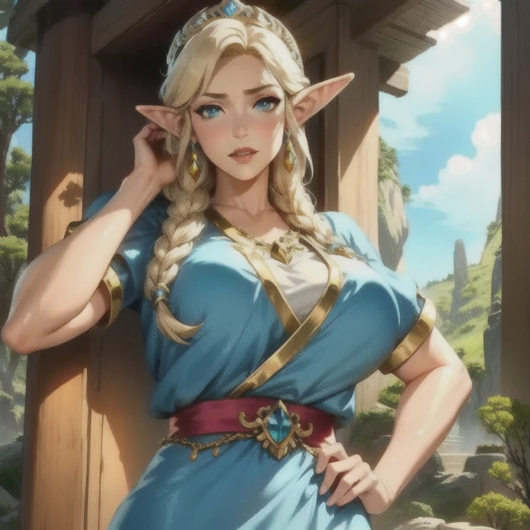 a beautiful elven princess zelda, elegant blue dress, shining golden hair, pointed ears, stunning blue eyes, the main character from the legend of zelda: breath of the wild game, detailed facial features, photorealistic, ultra-detailed, 8k, best quality, masterpiece, digital art, intricate ornate details, dramatic lighting, vivid colors, fantasy, highly realistic, cinematic, dramatic pose