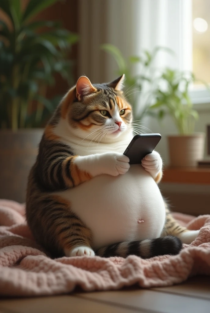 Cute, funny, sweety fat cat is pregnant, laying on bed in the street, in front of eiffel tower. Wearing pregnant jeans. Cat drinking coffee in one hand and holding a mobile phone in the other hand. Doctors are standing around her. Cat friends visited her.
