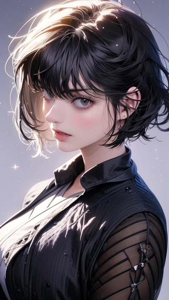 1 girl, solo, high resolution, detailed breasts, blush, short hair, simple background, hair ornament, closed mouth, purple eyes, (best quality,4k,8k,highres,masterpiece:1.2),ultra-detailed,(realistic,photorealistic,photo-realistic:1.37), illustration, anime style, anime, cinematic, character design, cinematic lighting, hyper detailed, japanese illustration style, modern, JPEG artifacts, digital art