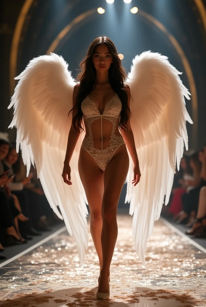 Beautiful 20-year-old Japanese supermodel at Victoria's Secret Show, 1 person, Smiling, Best Quality, Masterpiece, Slender body type,  Detailed face, Skin radiance, high heels,  angel wings, Knee boots or more, Diamond Good, s whole body, The last model pose, Runway, pale-skin, White skin, Sexy lingerie, silver