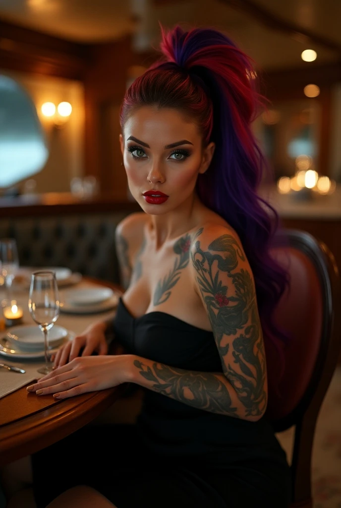 (best quality,4k,8k,highres,masterpiece:1.2),ultra-detailed,(realistic,photorealistic,photo-realistic:1.37),sexy woman with ginger hair and intricate tattoos,sitting on a wooden chair in a stylish and dimly lit restaurant with ambient music playing in the background,both arms resting gracefully on a round table covered with a white tablecloth and adorned with elegant tableware and a lit candle,faint reflections on the polished surface of the table,breathtaking attention to detail in the woman's facial features and body contours,dark and seductive makeup accentuating her piercing eyes and expressive eyebrows,soft natural lighting highlighting her flawless skin and enhancing the rich colors of her tattoos,meticulously captured strands of her wavy ginger hair cascading over her shoulders, elegantly dressed in a fitted purple dress that accentuates her curves, sitting in a confident and alluring pose that exudes grace and allure,glimpses of other diners in the background enjoying their meals, creating an atmosphere of sophistication and refinement,subtle shadows and highlights adding depth and dimension to the overall composition,creating a mesmerizing image that seamlessly blends reality and artistry

