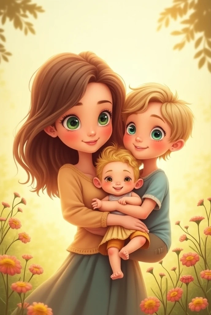 A medium-haired woman, 4 months pregnant, with a  son, light tan, dark brown hair and medium brown children, with dimple when smiling on both sides of the cheek, another  son, with thin, curly brown hair, brown dark eyes, white and with a small toothed smile,plus another  white son with medium straight blonde hair, brown dark eyes, of these big baby smiles. 
