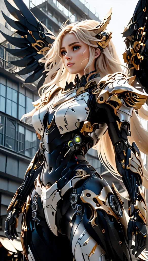 a beautiful woman with long, messy blonde hair, seen from a low angle perspective, cinematic lighting, highly detailed, 8K resolution, best quality, masterpiece, mechanical body with black steel parts, large wings growing from her back, detailed face and eyes