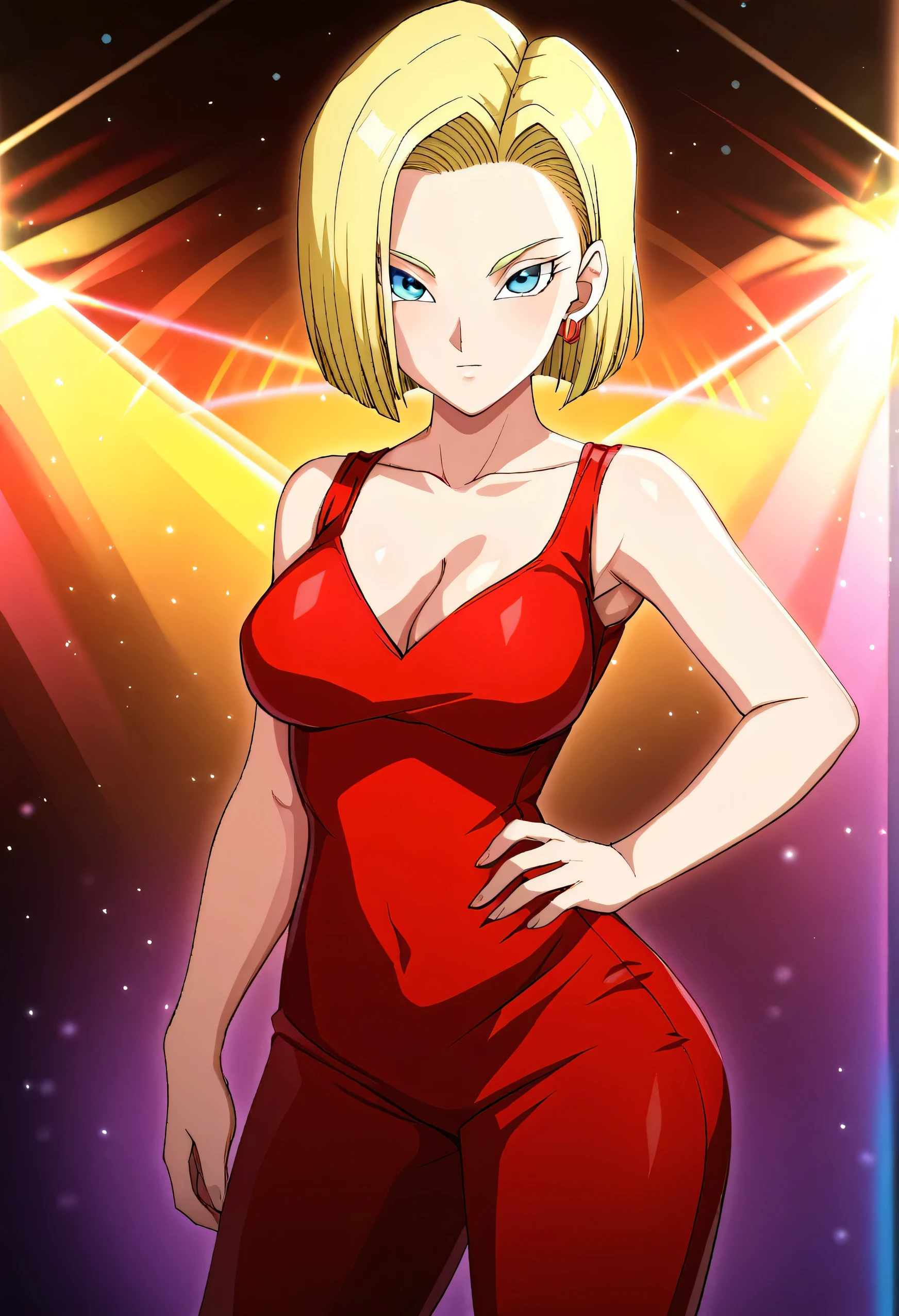 sysdeep_android18, 1girl, solo, breasts, looking_at_viewer, short_hair, blue_eyes, blonde_hair, cleavage,red_dress, red_skin_tight_dress, sleeveless, disco,