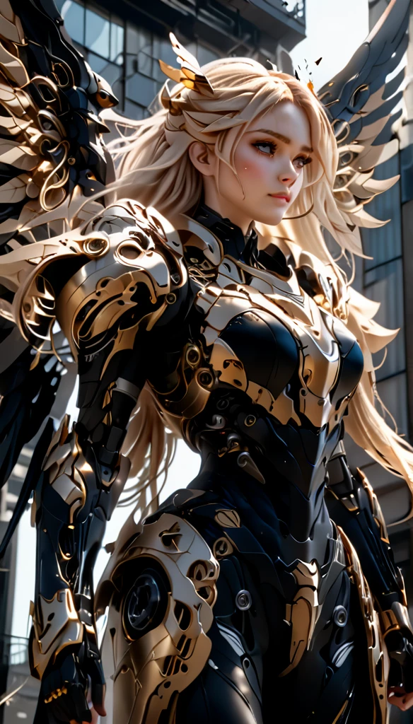 a beautiful woman with long, messy blonde hair, seen from a low angle perspective, cinematic lighting, highly detailed, 8K resolution, best quality, masterpiece, mechanical body with black steel parts, large wings growing from her back, detailed face and eyes