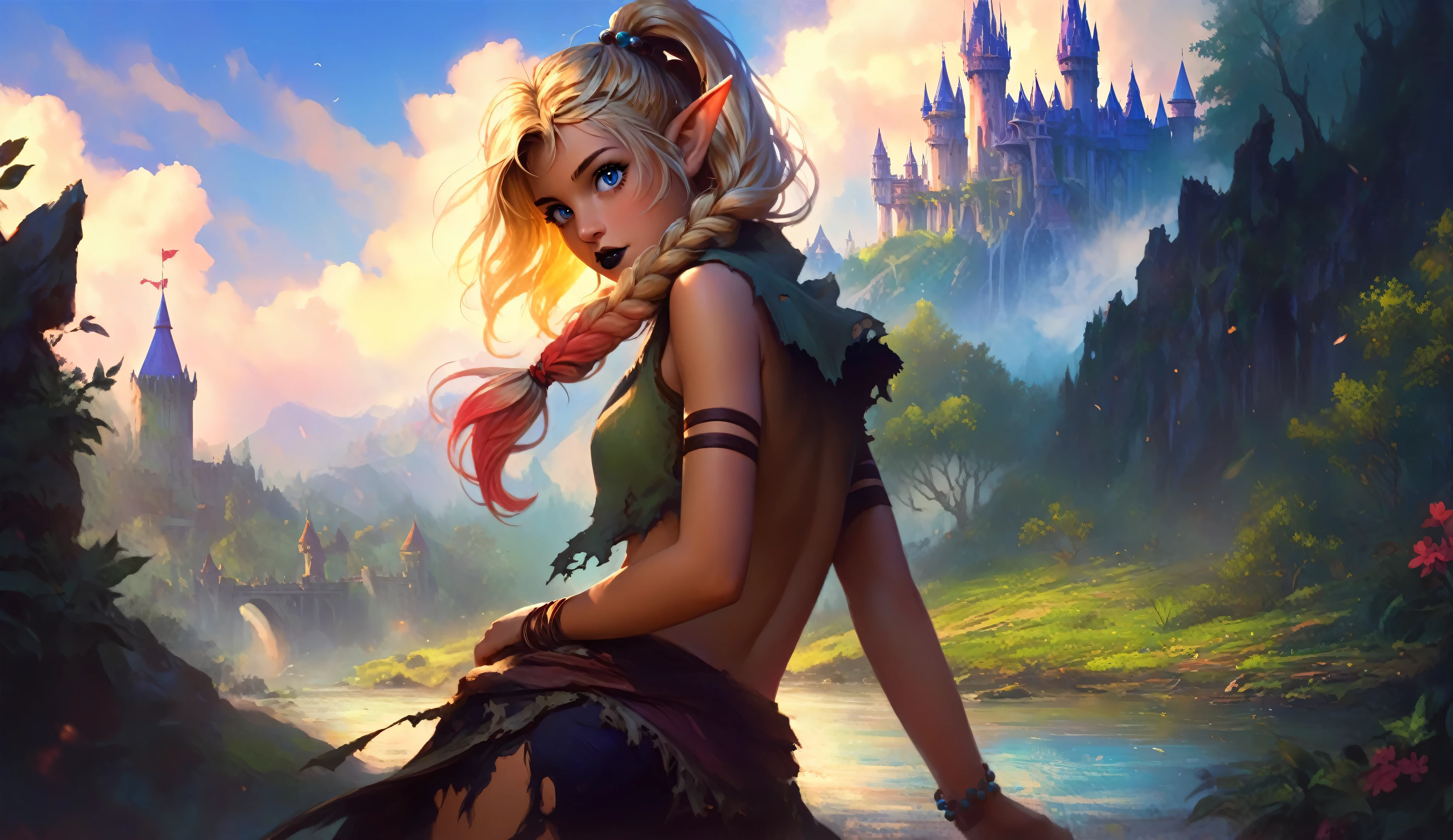 masterpiece, newest, absurdres, masterpiece, highly detailed, beautiful anime, lineart, realistic anime, semi realistic, extremely cute, ((very aesthetic, best quality, ultra detailed)), (perfect face, cute face, like face), fantasy background, extreme colors, Bavarian forest, mountainside, river, castle ruins, intricate details, colorful, ((dramatic lighting)), fantasy, young, girl, ((looking at viewer)), perfect face, ((torn clothes)), twinbraids, blonde, , elf girl, ponytail, sidelocks, pointy ears, sleeveless shirt, green thighhighs, black lips, mascara, Long eyelashes, dark elf, very long hair, multicolored hair, parody, braid, outdoors, messy hair, gradient hair, sleeveless, blue hair, twintails, hair ornament, looking back, bikini top only, tribal, loincloth, torn clothes, beads, hair beads, blue eyes, long hair, blonde hair