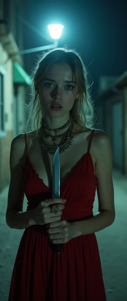 (Masterpiece. UHD. Photorealistic) In a dimly lit room. Blurry background. An ultra hot gorgeous woman. Age 23. Voluptuous hourglass body. Gorgeous face. Epic cleavage. (100 DD size).face staring blankly、A surly smile and full red lips. holding a knife tightly.(( Blade downwards)).body Covered by blood.
