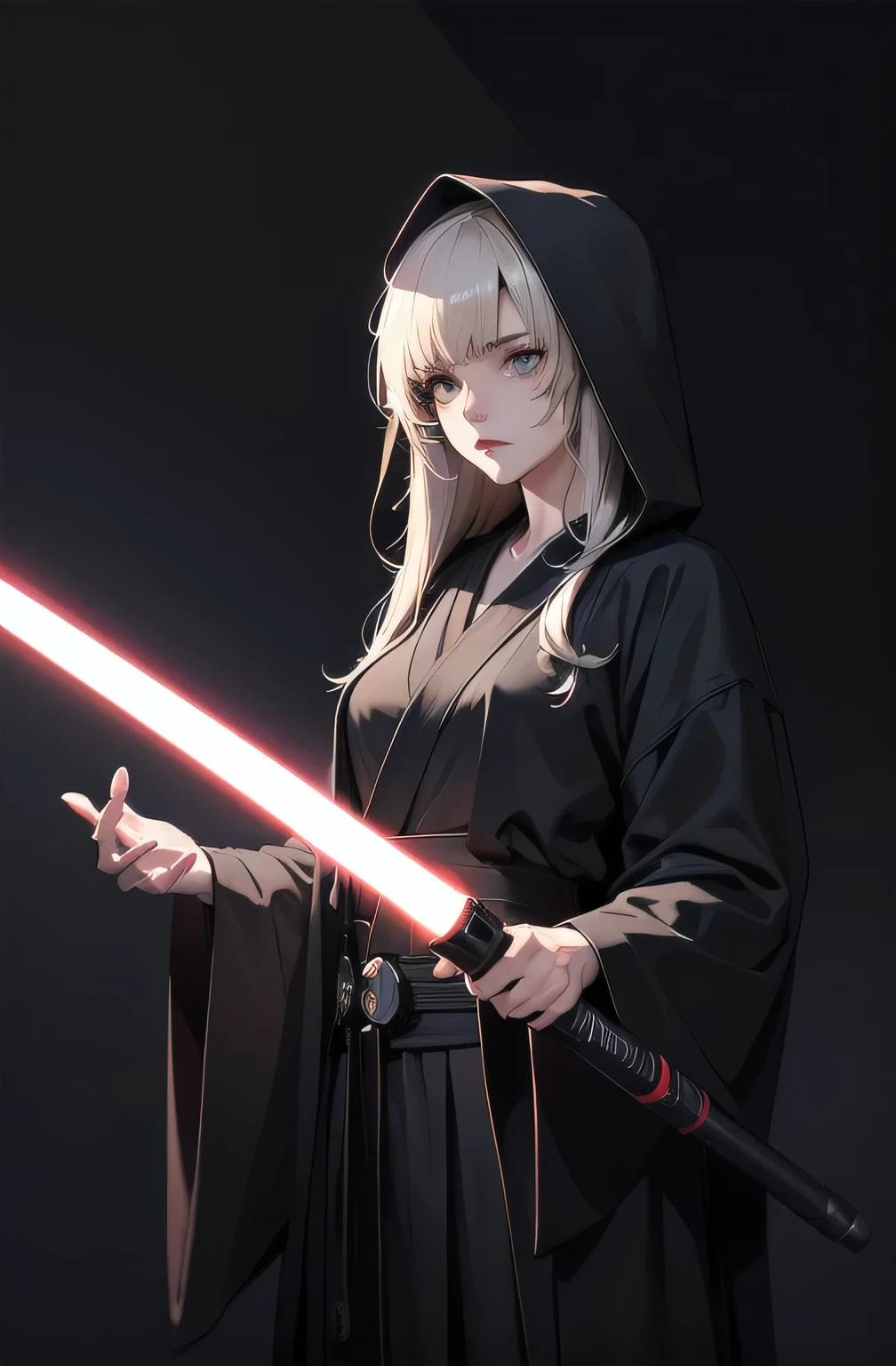 Shadow Face、Star Wars, jedi, black jedi robe、Black Robe, black belt,Star Wars concept art, Star Wars、jedi、Lightsabers、Black Robe、jediの服、Black hoodを被る、Star Wars、beautiful girl、cute、Droopy eyes、Random hair color、Beautiful Long Hair、Straight hair、bangsBangs、bangs、hime cut、Big Breasts、Slim body、slim、(Best Quality,4K,High resolution,Masterpiece 1.2),Very detailed,Real 1.37,Spooky Background,Dark fantasy,Black Theme,Ominous atmosphere,Eye-catching,Anime Style,Concept Art,beautiful, Gentle features, pale Skin, night、Dim lighting、Dark Background, Cinema Lighting, Dramatic Shadows, Spooky atmosphere, Dark words, 1 person&#39;S, Red cheeks, ,(Lightsabers1.3),Ruins,(Wasteland 1.3),((Random hair color)), Female Curves, Sexy flat stomach, Perfect hands, Extend one hand、Perfect anime character face, (Black hood)), standing, ((Black Robe), ,(Star Wars 1.3), In the woods, Moonlight Illumination, Night lighting, jungle、Space Fantasy,SF, Skeleton Gas Light,Absurd, High resolution、 ((Star Wars)), ((Best Quality)), (Very detailedな), ((Very detailed)), (beautiful), ((cute)), 1 person,(1.6)、beautiful face、Full Body Ezbian、pale, Beautiful skin、Big Breasts、Beautiful body、Slim body、beautiful feet、Smiling Kindly、Dark Building Ruins、(Ruins 1.3)、Low angle full body shot、(Random Background 1.3)、(Random Lightsabers Color 1.3)、Spirits、Droopy eyes、bangs, Long Hair, Star Wars、jedi、Blue Lightsabers、Ready your Lightsabers、Star Wars Background、Ruins、In the woodsで、night