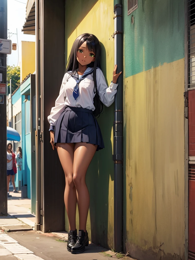 Dark-skinned Japanese woman (wearing a skirt but genitals visible), thick thighs, wet genitals, confused expression