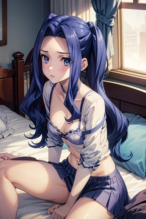 Sitting on a bed. Cute pink panties, half naked no top, no skirt, white pantyhose, beautiful girl with a youthful appearance, short in hight, Her complexion like sand but paler, and long blue hair tied in 2 braids that reached below her waist. Her eyes are blue color. beautiful, small chopstick legs.