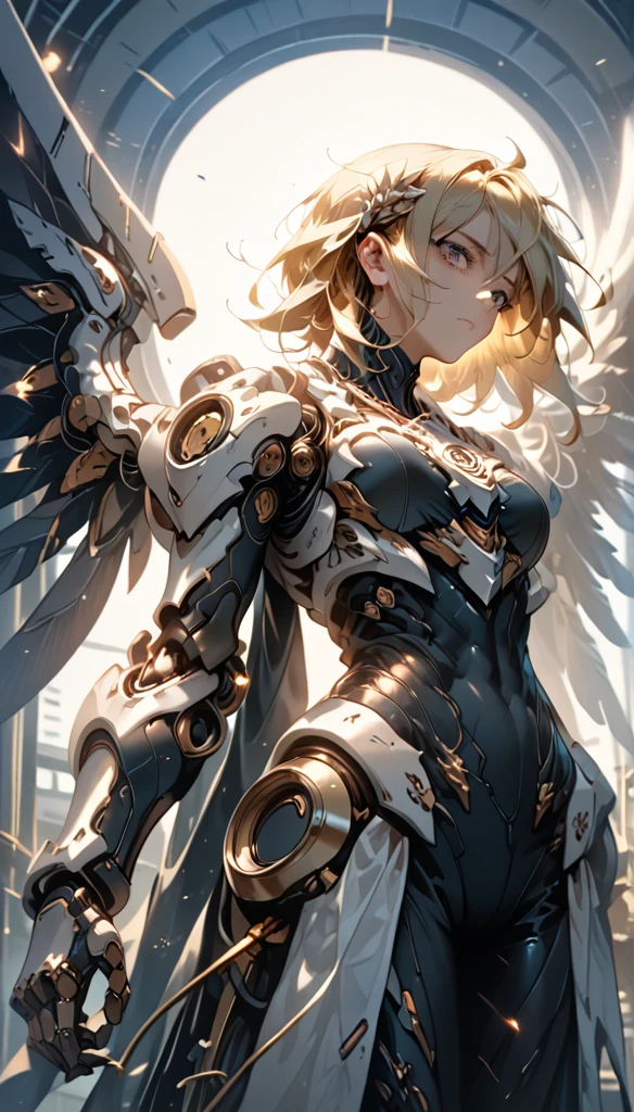 a beautiful woman with long, messy blonde hair, seen from a low angle perspective, cinematic lighting, highly detailed, 8K resolution, best quality, masterpiece, mechanical body with black steel parts, large wings growing from her back, detailed face and eyes