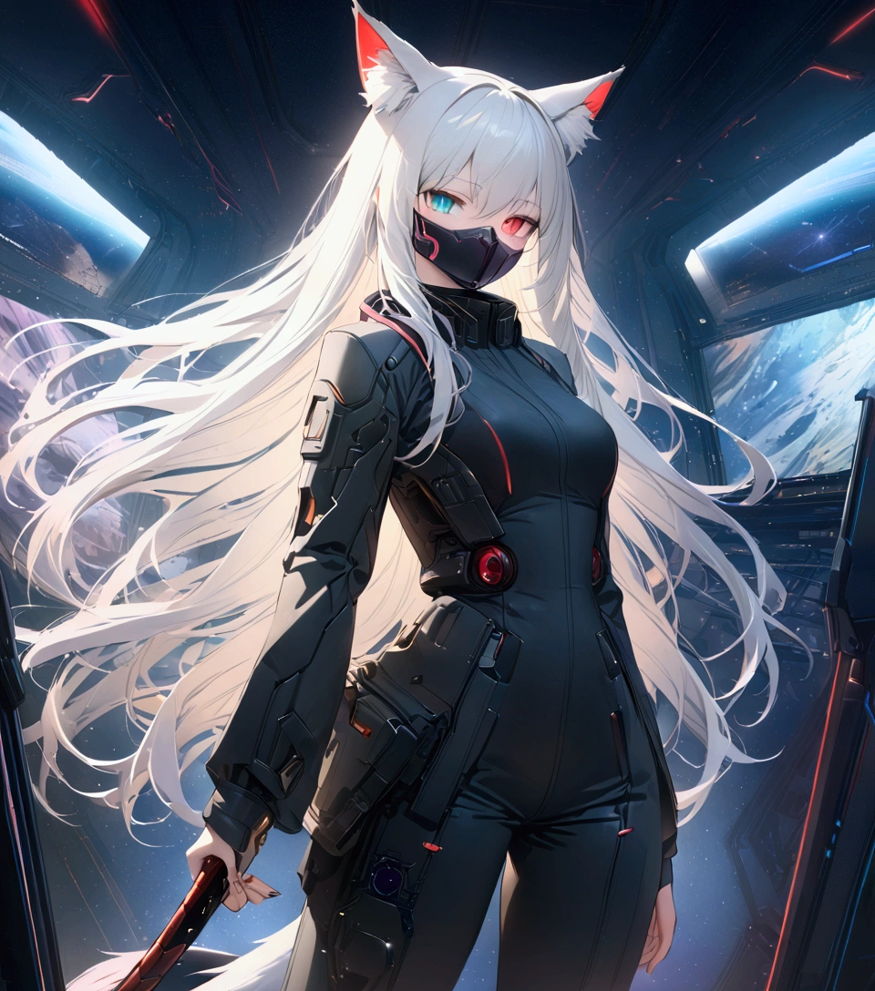 2girls, fox girl(1:2), cat girl(1:2), same character ideas, white long hair, full body, black sci-fi suit with white and red details, sci-fi styled ear covers, cosmic background, detailed face, heterochromia, slit pupils, blank stare, mechanical sci-fi styled tail, open suit, mechanical sci-fi styled helmet with facemask, sci-fi katana on the belt, highly detailed, hyper realistic, 8k, photorealistic, masterpiece, cinematic lighting, volumetric lighting, chiaroscuro, vibrant colors, dramatic lighting, ultra detailed, award winning, intricate details, studio quality, sharp focus, concept art, digital painting, science fiction, futuristic, cyberpunk