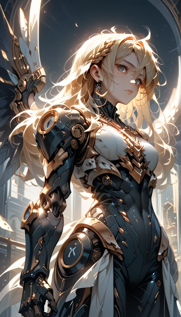 a beautiful woman with long, messy blonde hair, seen from a low angle perspective, cinematic lighting, highly detailed, 8K resolution, best quality, masterpiece, mechanical body with black steel parts, large wings growing from her back, detailed face and eyes