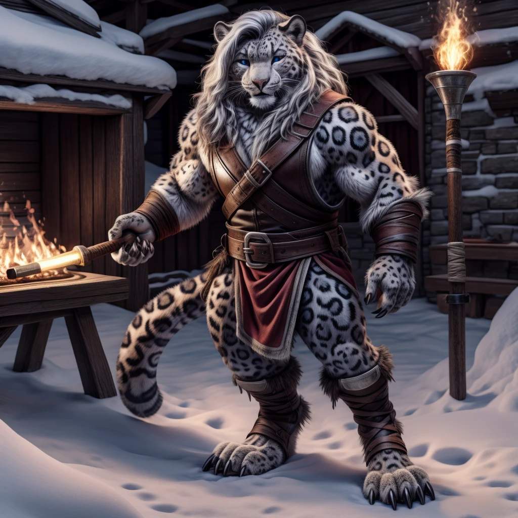 Snow leopard, Blacksmith , with mane, Holds a Forge hammer, 4 fingers with medium-length claws, 3 toes with long claws, very detailed fur, smile, (in einer Blacksmith e), very high quality, High resolution, detailed background