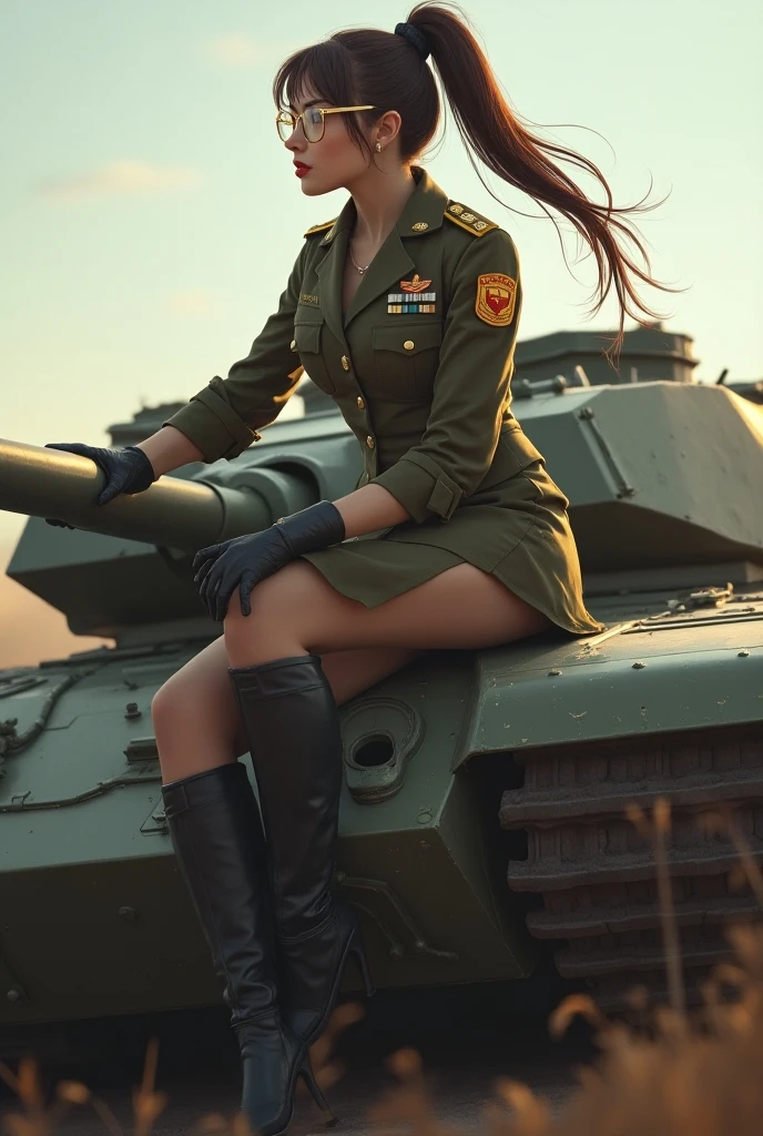 Raw photo. Young Turkish woman in military uniform sitting on rusty tank, Open legs, Perspective, Detail Half Body, Sharp Focus, Blend with light, Exposed , Detailed , Showing , opened dress, Nipple slip,ultra gigantic tits、 1940s atmosphere, half . (High detailed skin:1.2), 8K UHD, Digital SLR, Soft lighting, High quality, Film grain, FujifilmXT3.