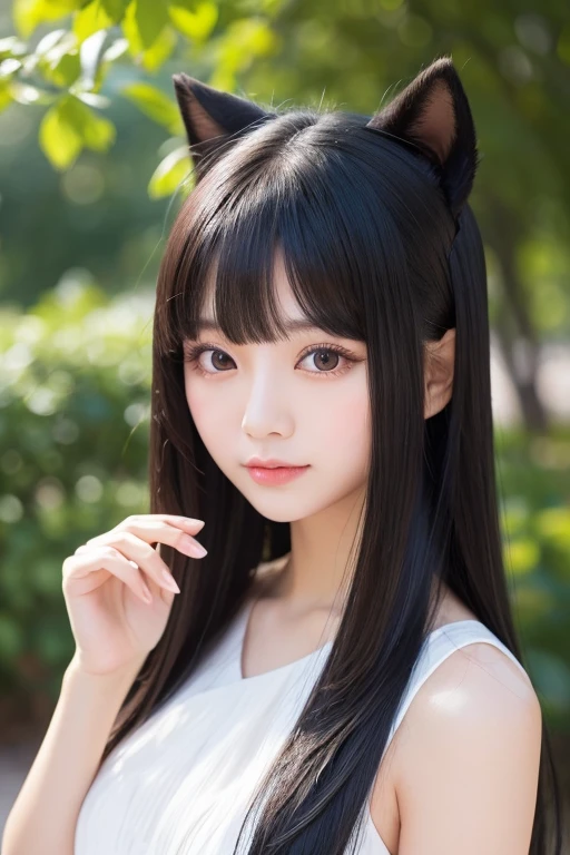 Chinese beautiful girl、 hairstyle is long straight black hair with bangs、 small animal face with big eyes and cute 、Upper body figure wearing a white dress