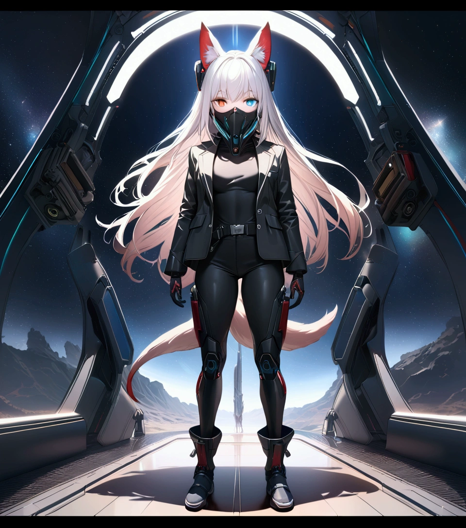 2girls, fox girl, same character ideas, white long hair, full body, black sci-fi suit with white and red details, sci-fi styled ear covers, cosmic background, detailed face, heterochromia, slit pupils, mechanical sci-fi styled tail, open suit, mechanical sci-fi styled helmet with facemask, sci-fi katana on the belt, highly detailed, hyper realistic, 8k, photorealistic, masterpiece, cinematic lighting, volumetric lighting, chiaroscuro, vibrant colors, dramatic lighting, ultra detailed, award winning, intricate details, studio quality, sharp focus, concept art, digital painting, science fiction, futuristic, cyberpunk