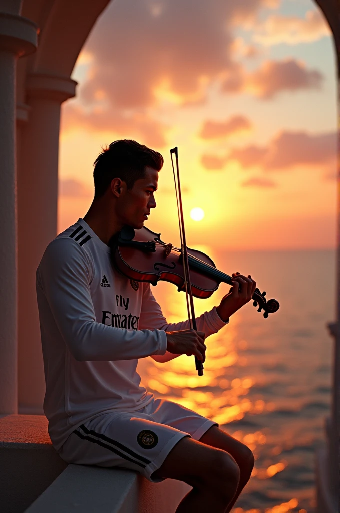 Ultra detailed illustration, ((a young man in Roberto Ferri style, fullcolor, Latino, slim toned fitness body, defined muscles, perfect ???????, short black wavy hair, Roman nose, thin lips, square chin, diamond shaped face, barefoot, shirtless, wearing orange and green shorts, standing playing the violin) (watercolor background, you can see the paris tower, sena river, eleeses campos ) evokes masculine beauty and art.