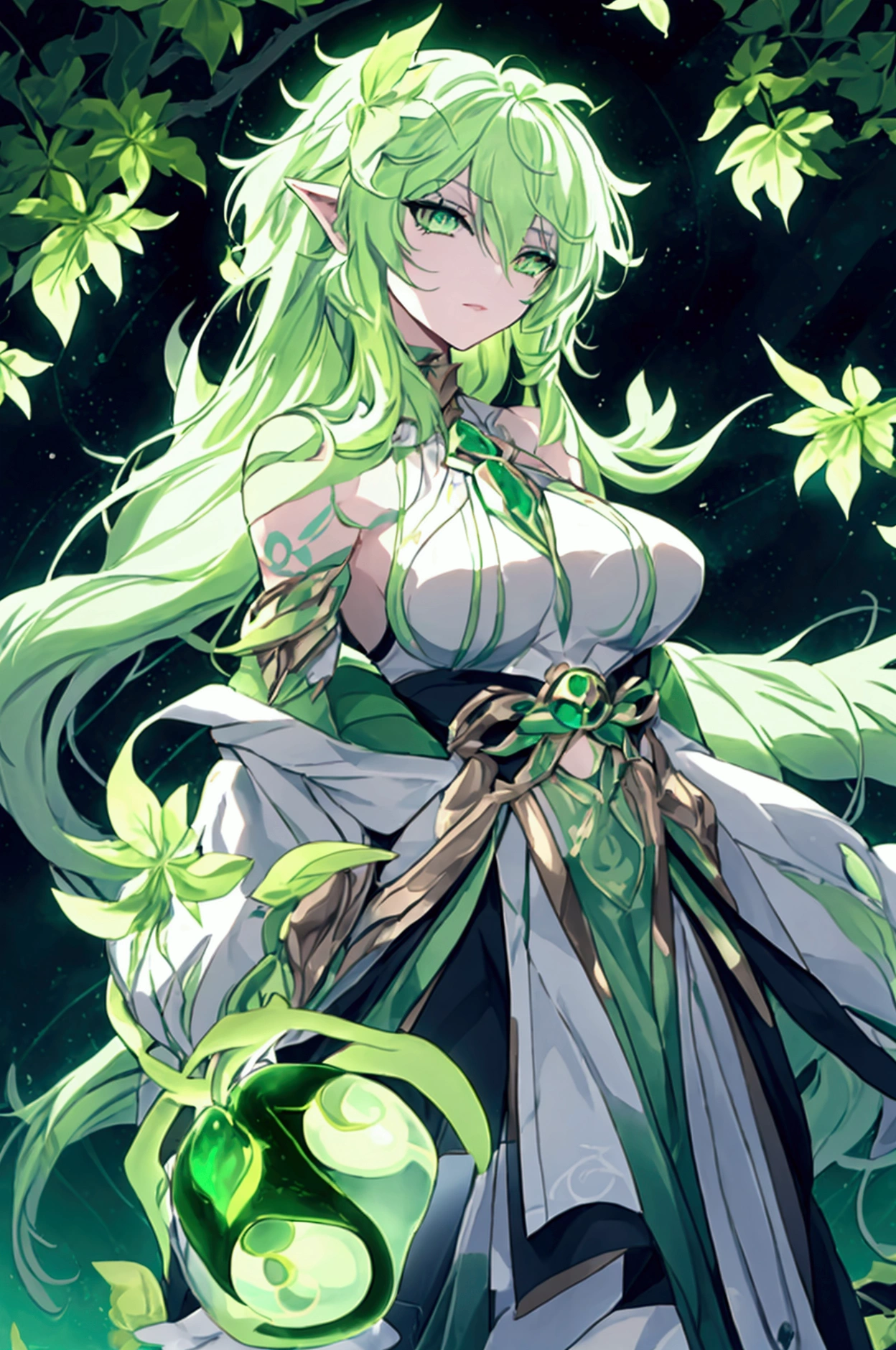 The character's expression is haughty and confident, his eyes are slightly narrowed, and he smiles; long, straight hair with a green hairstyle, half on the shoulder and half behind the back; Wearing green metal armor with a red gemstone on his chest, a yellow ribbon tied around his waist, and green high-heeled boots on his feet; A silver bracelet is worn on the wrist with a pair of green crystal earrings on the ear, and the necklace is a silver chain with green gemstones hanging from it; Standing on a planet with a dark night sky in the background, twinkling stars, some burning planetary debris and floating asteroids, forming an aesthetic and profound visual effect.