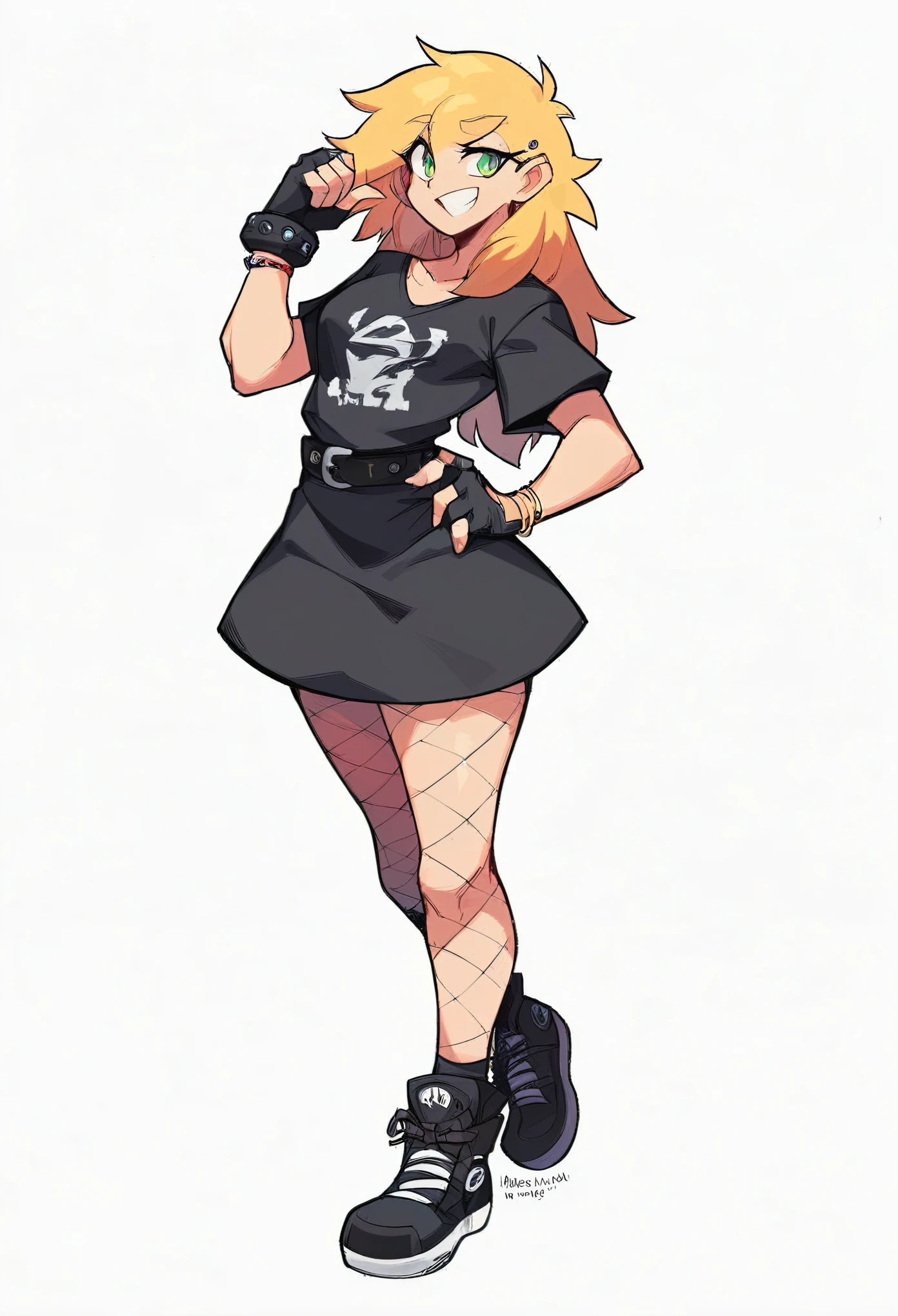 A girl with a sexy big breast, a beautiful sensual sensitivity, a short white hair, an albino cut, her blue eye, a pink lip, she dresses in a black bra, underneath a short blue sweatshirt and shiny black underwear, a pair of long black mesh socks, brown boots, black steel gloves.