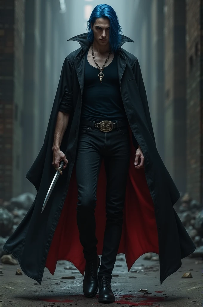 exu bat, Tall man,brunette skin,long straight hair,black shirt open at the chest,wearing a thick silver chain with a gold crucifix with a black stone in the center,large black bat wings on the back,slanted eyes,unshaven beard,in a stone tower, with candle holders,alchemist,wearing a worn black wide-brimmed hat,smoking a wooden pipe,