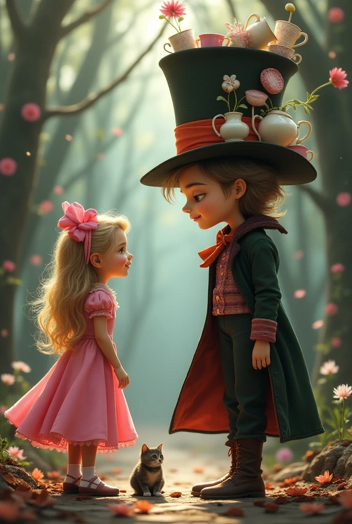 A garden with red and white roses with reference to Alice in Wonderland, with two children dressed as the Mad Hatter and Alice playing with various Disney toys