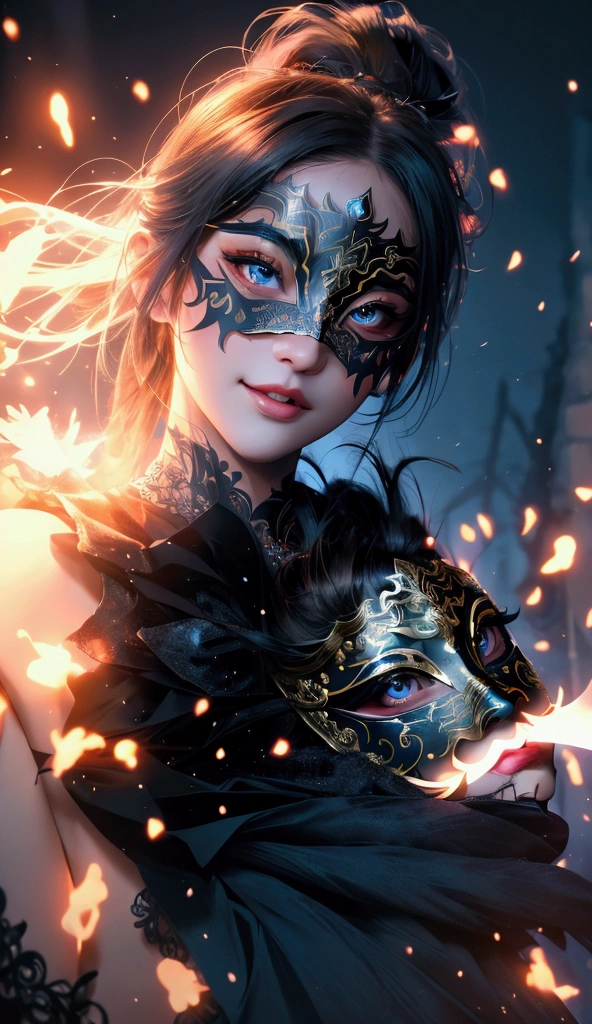 masterpiece, best quality, ultra-detailed, extremely detailed, 4K, 8K, best quality, beautiful, realistic, real, dynamic angle, full body, castle, night, moon, a cute girl, 1girl, solo, Ninja costume, Ninja,(masquerade mask:1.2) ,beautiful black hair, beautiful red eyes, beautiful eyes, long hair, ponytail, muscle, slim, slender, Japanese sword, light smile, luminous effect, neon light, steam effect, ice effect,white wolf snuggles