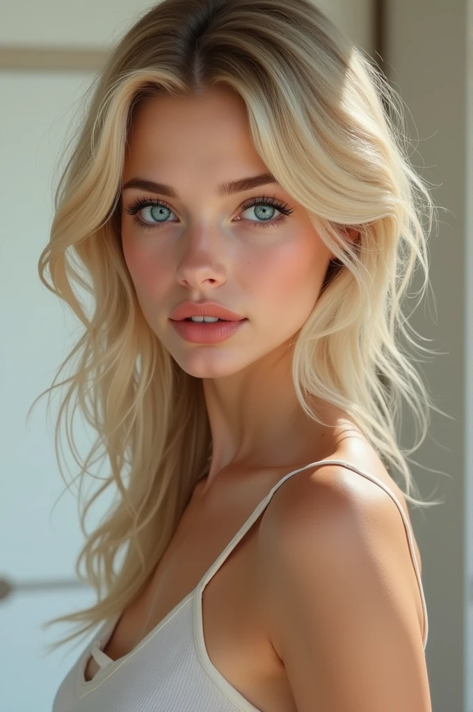 un visage de une belle fille age 19 cheveux moyens cheveux chaten Regarder le spectateur, blond avec sexy levre et des Gros seins avec des sous vetmens