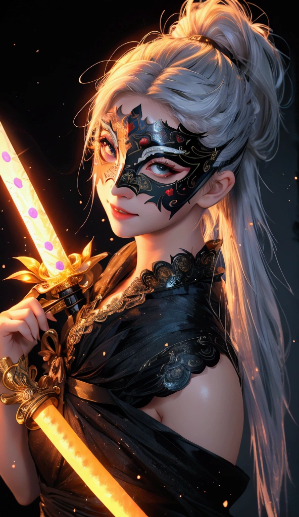 masterpiece, best quality, ultra-detailed, extremely detailed, 4K, 8K, best quality, beautiful, realistic, real, dynamic angle, full body, castle, night, moon, a cute girl, 1girl, solo, Ninja costume, Ninja,(masquerade mask:1.2) ,beautiful black hair, beautiful red eyes, beautiful eyes, long hair, ponytail, muscle, slim, slender, Japanese sword, light smile, luminous effect, neon light, steam effect, ice effect,white wolf snuggles