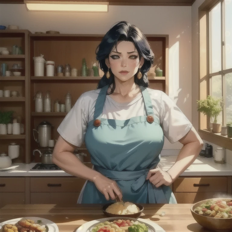 a woman in a kitchen, Chi Chi from Dragon Ball Super, wife of Son Goku, mother of Son Goten and Son Gohan, standing in the kitchen wearing her original wedding dress with a cooking apron, holding a rag and a plate, looking serious, detailed kitchen scene, (best quality,4k,8k,highres,masterpiece:1.2),ultra-detailed,(realistic,photorealistic,photo-realistic:1.37),HDR,UHD,studio lighting,extreme detail description,professional,vivid colors,portrait