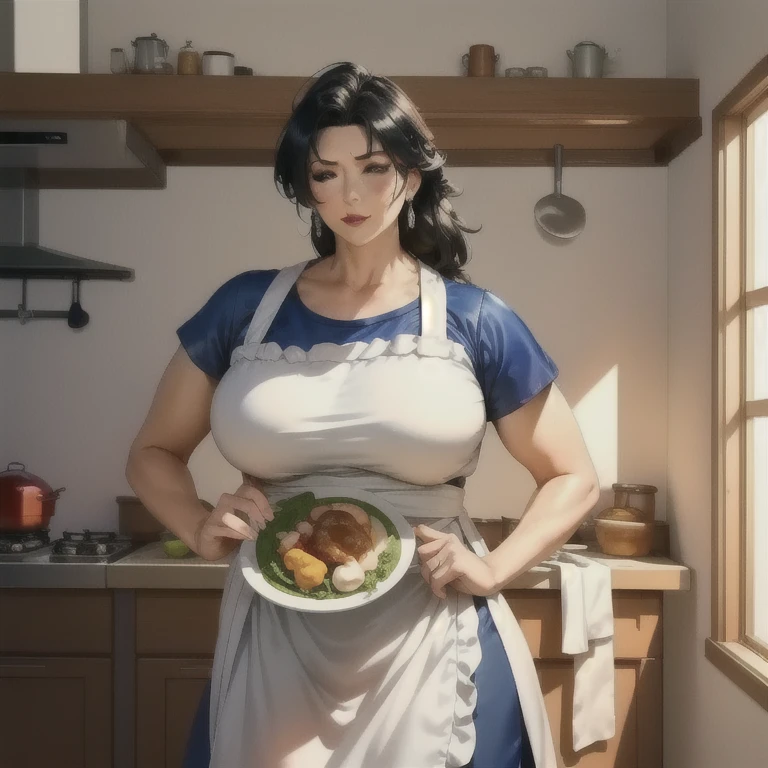 a woman in a kitchen, Chi Chi from Dragon Ball Super, wife of Son Goku, mother of Son Goten and Son Gohan, standing in the kitchen wearing her original wedding dress with a cooking apron, holding a rag and a plate, looking serious, detailed kitchen scene, (best quality,4k,8k,highres,masterpiece:1.2),ultra-detailed,(realistic,photorealistic,photo-realistic:1.37),HDR,UHD,studio lighting,extreme detail description,professional,vivid colors,portrait