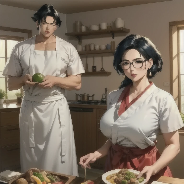 a woman in a kitchen, Chi Chi from Dragon Ball Super, wife of Son Goku, mother of Son Goten and Son Gohan, standing in the kitchen wearing her original wedding dress with a cooking apron, holding a rag and a plate, looking serious, detailed kitchen scene, (best quality,4k,8k,highres,masterpiece:1.2),ultra-detailed,(realistic,photorealistic,photo-realistic:1.37),HDR,UHD,studio lighting,extreme detail description,professional,vivid colors,portrait