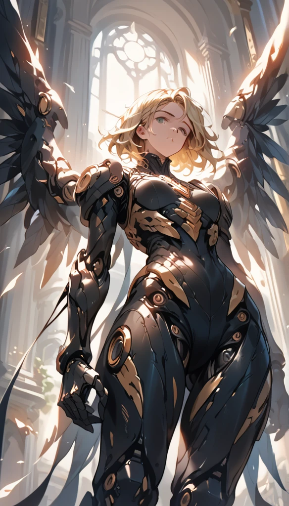 a beautiful woman with long, messy blonde hair, seen from a low angle perspective, cinematic lighting, highly detailed, 8K resolution, best quality, masterpiece, mechanical body with black steel parts, large wings growing from her back, detailed face and eyes