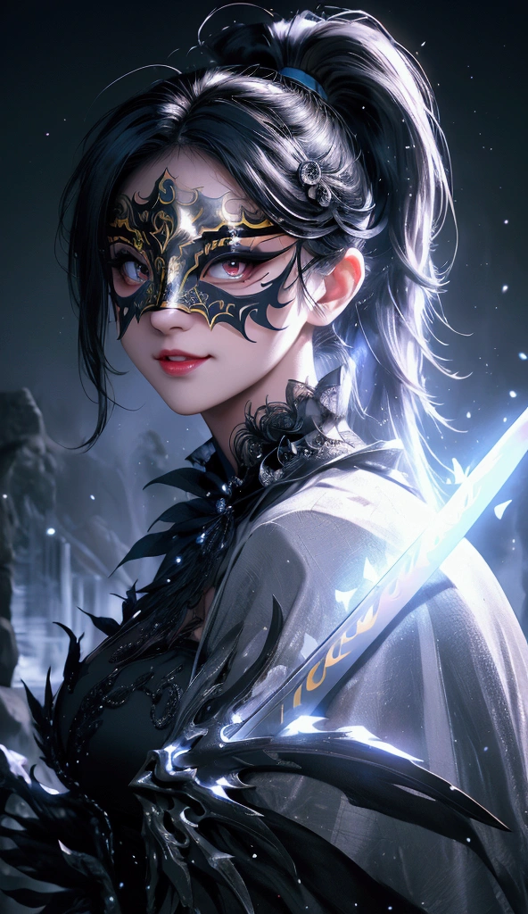 masterpiece, best quality, ultra-detailed, extremely detailed, 4K, 8K, best quality, beautiful, realistic, real, dynamic angle, full body, castle, night, moon, a cute girl, 1girl, solo, Ninja costume, Ninja,(masquerade mask:1.2) ,beautiful black hair, beautiful red eyes, beautiful eyes, long hair, ponytail, muscle, slim, slender, Japanese sword, light smile, luminous effect, neon light, steam effect, ice effect,white wolf snuggles