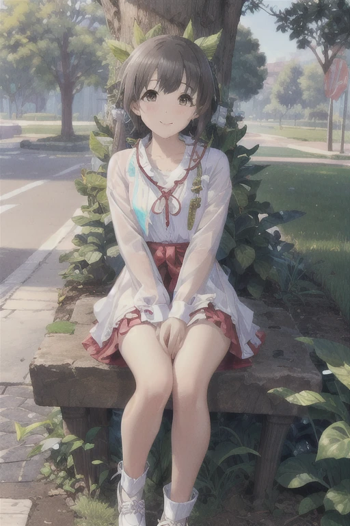 masterpiece, Best Quality,  High Resolution , The Idolmaster,   , masterpiece, 1 girl, Alone, Best Quality,ltra-detailed,Advanced Details,Best Quality,masterpiece,figure,Realistic,photoRealistic,
 1 girl, Alone, 
Platycodon grandiflorum,Shrine maiden, 
 Short bangs,
 staring at viewers , 
Outdoor, tree, leaf, day,Photo Background, nature,
, (Perfect hands,  Perfect Anatomy)
