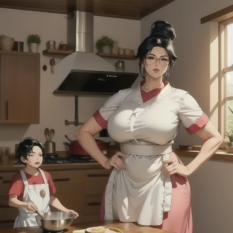 a woman in a kitchen, Chi Chi from Dragon Ball Super, wife of Son Goku, mother of Son Goten and Son Gohan, standing in the kitchen wearing her original wedding dress with a cooking apron, holding a rag and a plate, looking serious, detailed kitchen scene, (best quality,4k,8k,highres,masterpiece:1.2),ultra-detailed,(realistic,photorealistic,photo-realistic:1.37),HDR,UHD,studio lighting,extreme detail description,professional,vivid colors,portrait