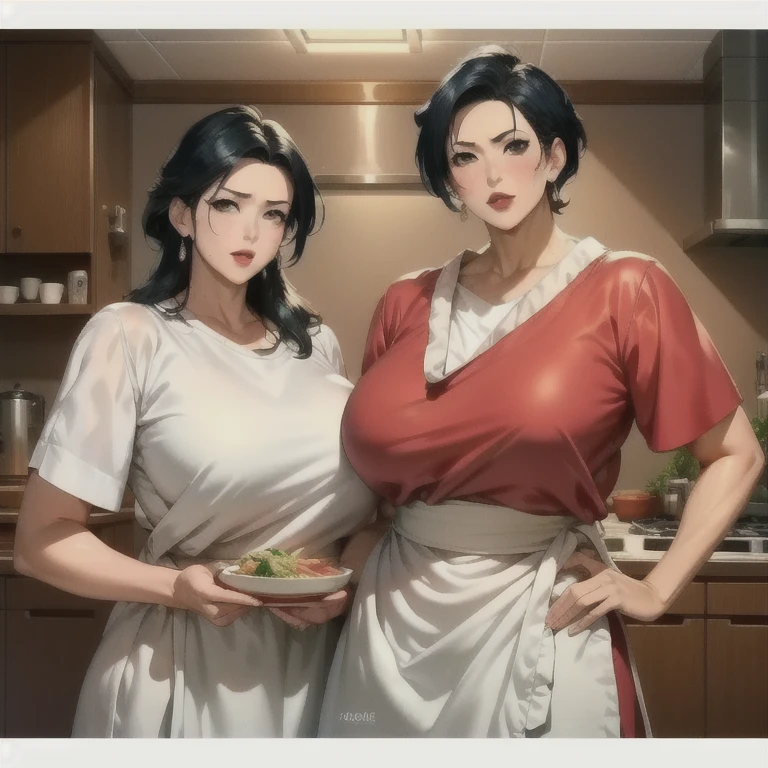 a woman in a kitchen, Chi Chi from Dragon Ball Super, wife of Son Goku, mother of Son Goten and Son Gohan, standing in the kitchen wearing her original wedding dress with a cooking apron, holding a rag and a plate, looking serious, detailed kitchen scene, (best quality,4k,8k,highres,masterpiece:1.2),ultra-detailed,(realistic,photorealistic,photo-realistic:1.37),HDR,UHD,studio lighting,extreme detail description,professional,vivid colors,portrait