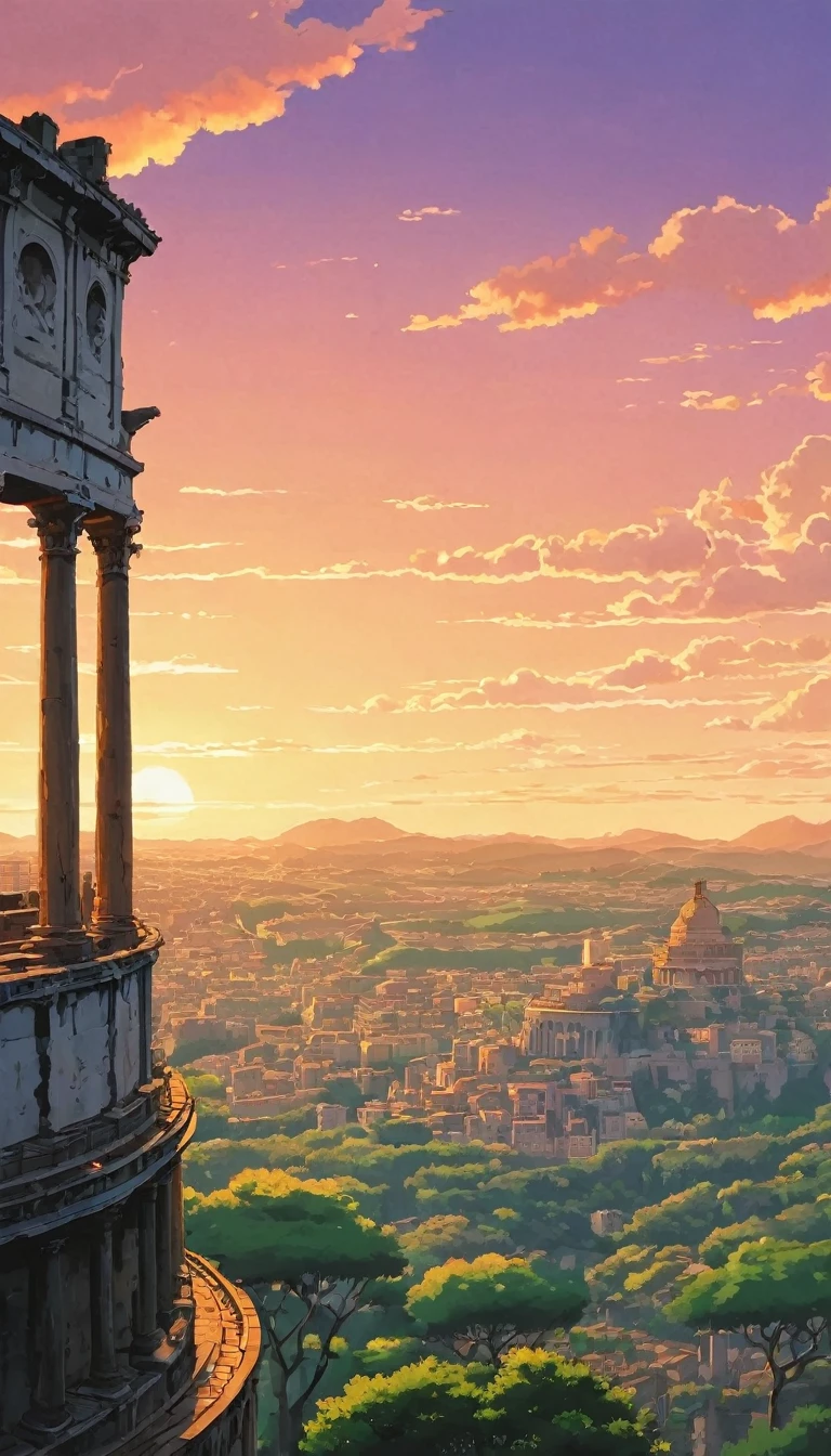 (Minimalism:1.4), Draw a simple Ghibli style art ,Roman Coliseum micro detail!!  amazing view anime-realistic colors sunset Ghibli microdetail sky clouds       !!!!studio ghibli, miyazaki, , Makoto Shinkai!!, anime movie background best quality best of SeaArt HD