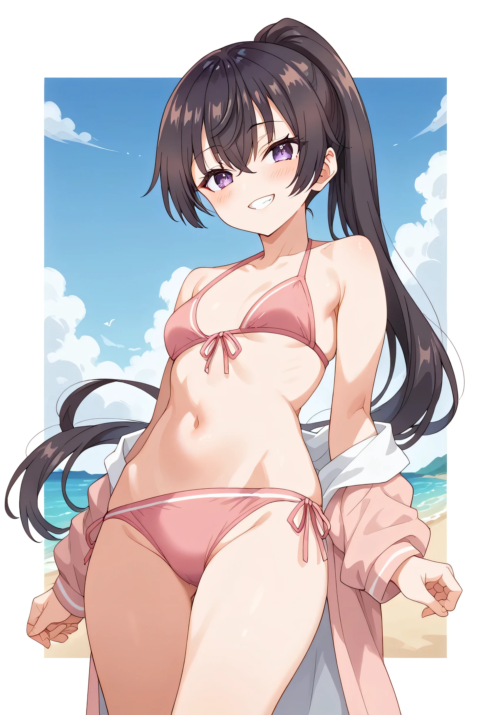 Score_9, Score_8_up, Score_7_up, ASCII masterpiece, source_anime, BREAK, 1girl, solo, yukisou, yukisou, bangs, brown hair, black hair , hair between the eyes, purple eyes, half up, ponytail, smile, teeth, deep blushing, cute small boobs, pink bikini, sexy navel, sexy legs, on the beach (wallpaper)