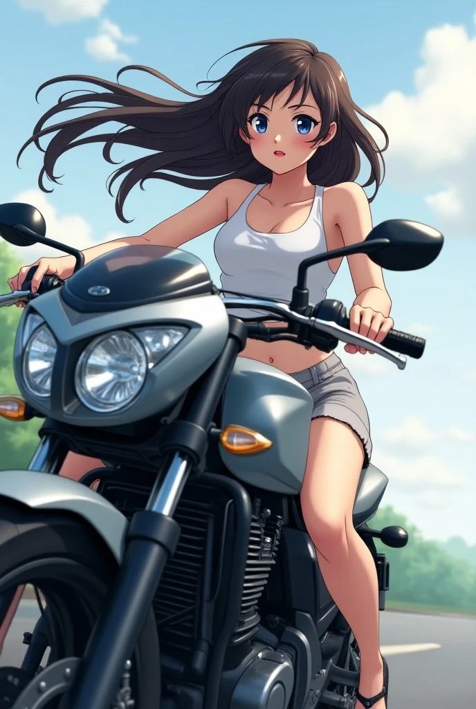 Beautiful woman in bikini riding a cool motorbike., pintura