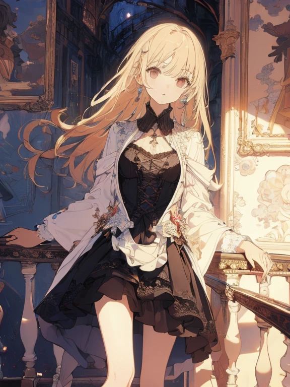 (masterpiece),((ultra-detailed)), (super-resolution),(expressionless), (best quality:1.2),((masterpiece, best quality)), (1girl), (solo),going up a spiral staircase((overhead view))