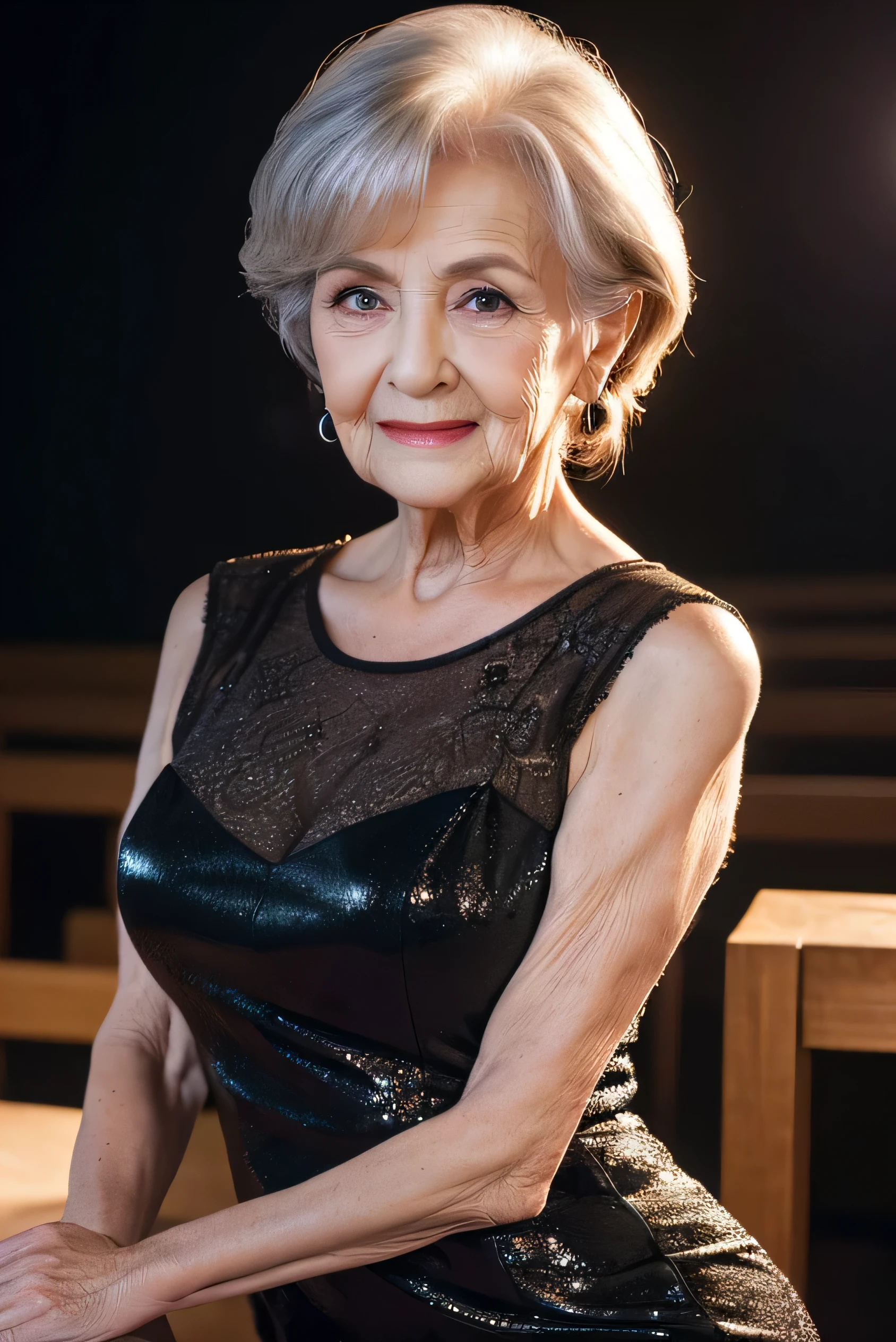 Pay back, masterpiece,  high res, Realistic, RAW Photos, 8K wallpaper, perfection, Professional Lighting,     very detailed, ((Beautiful old lady)), 80 years old, Sexy old woman, ((Sexy black mini dress)), ,     upper body, ((   is staring at the audience  &#39;eye)), Detailed face, Beautiful eye, ((I&#39; I'm looking forward to it )), In the stylish dining room, sunny, bangs, Shapely breasts,     short bob hair, Plump and glossy lips,     cowboy shot, ((    place your arms between your legs))