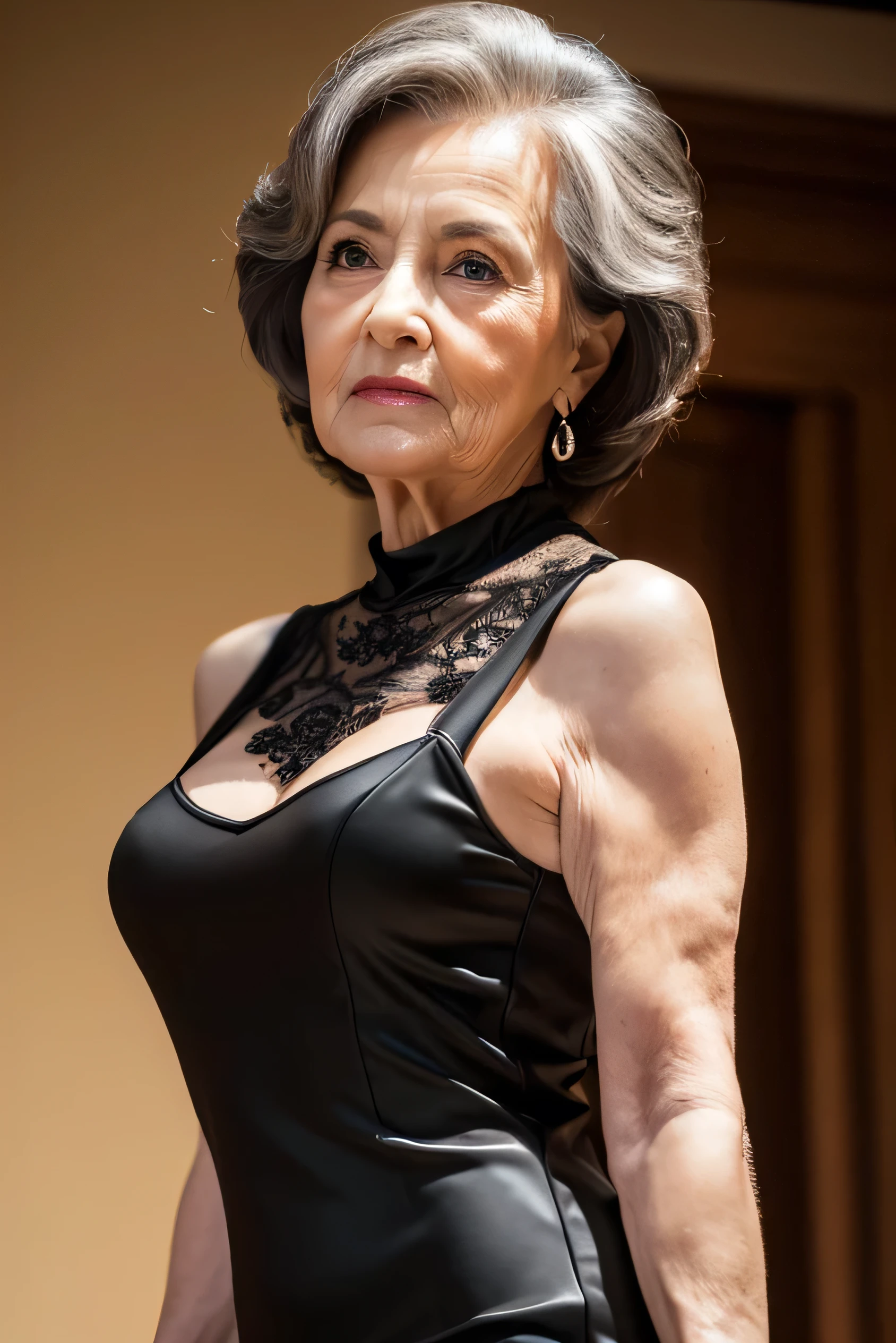 Pay back, masterpiece,  high res, Realistic, RAW Photos, 8K wallpaper, perfection, Professional Lighting,     very detailed, ((Beautiful old lady)), 80 years old, Sexy old woman, ((Sexy black mini dress)), ,     upper body, ((   is staring at the audience  &#39;eye)), Detailed face, Beautiful eye, ((I&#39; I'm looking forward to it )), In the stylish dining room, sunny, bangs, Shapely breasts,     short bob hair, Plump and glossy lips,     cowboy shot, ((    place your arms between your legs))