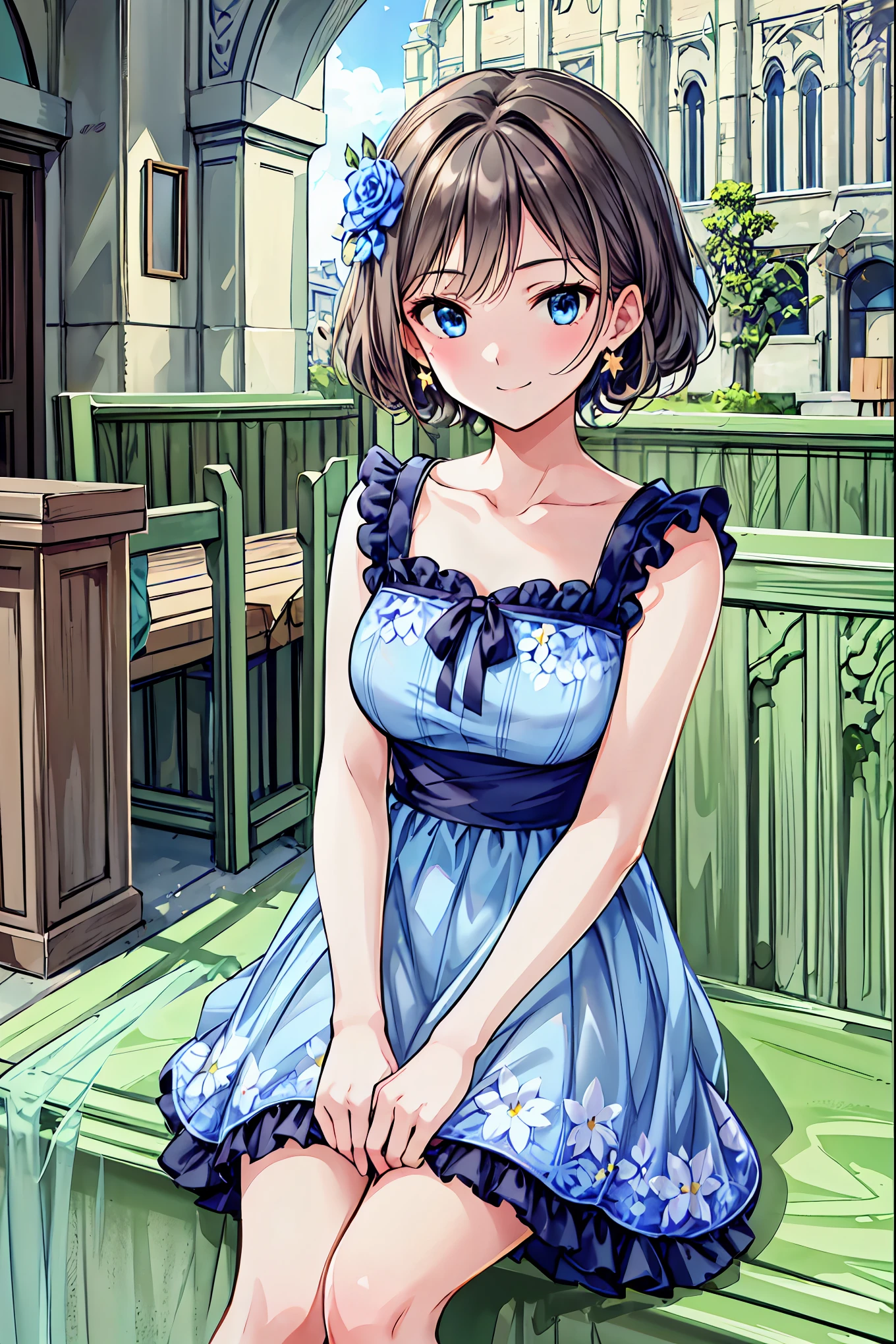 very cute and beautiful girl,( Highly Detailed Beautiful Face and Eyes), (smile),, Black Hair , staring at viewers ,(Blue floral taupe dress with fine frills),Fine lace, Sitting, arms crossed behind ,altar,church,indoor, (Best Quality,masterpiece:1.0),Absurd, High Resolution ,Ultra-detailed, extremely detailed,32K,8k resolution, Intricate details, cinematic scene ,detailed background,Alone,Dynamic Angle, Your enchanting gray-blue eyes shine like stars