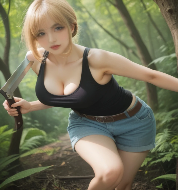 arafed woman in a black tank top holding a knife in a forest, she is wearing a black tank top, forest hunter lady, young beautiful amouranth, anime girl in real life, beautiful south korean woman, realistic cosplay, amouranth, gorgeous jungle ranger, heonhwa choe, wearing a low cut tanktop