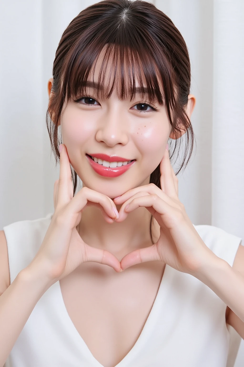  Smiling face making a heart shape with her hands:2.0、Instagrammable:1.2 (RAW Photos、8k、32K、masterpiece、Realistic、  photoreal:1.37)、Cute Japanese women images、Tank tops、Photographed in natural light、  upper body、1 girl、Photo Mapping、 Physically Based Rendering、Excellent image quality、  High Resolution  、1080P、(Beautiful Face)、(Detailed description of the face)、( Detailed description of the hand setter&#39;Muscle area)、(Detailed CG)、Rich details、( great features :1.35)、(Detailed eyes)、 I'm looking forward to your eyes、Delicate clavicle、Various poses、非常にリアルで詳細な若い女性の  upper bodyポートレート。The skin is beautiful、Soft light is reflected in the high part of the cheek.、 Tiny pores and hair follicles、 Even the tiniest blood vessels are visible。The skin is smooth、Natural flushing of the cheeks、Gives a healthy glow。 The eyes are large and clear blue、 The iris has fine patterning、 Light is reflecting and shining in the eye。 There is a slight shadow under the eye、 Her eyelashes are long and naturally curled。 Her lips are a soft pink color、 Smooth texture and natural glow、 Slightly reflects light。 The woman is wearing a simple white top.、 The background is a pale monochrome gradient.、焦点は完全に顔と  upper bodyに当たっている。Realistic shadows and textures、Photographic depiction.。