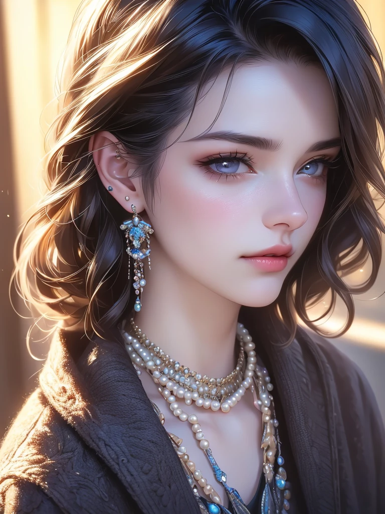  1girl,  beautiful detailed eyes  ,  beautiful detailed lips ,  extremely detailed face ,  long lashes  , wool-trimmed jacket, wool collar, wool coat, wool-trimmed coat, wool cape, wool scarf, wool, pearl necklace, earrings, necklace, PENDANT, nose piercing, ear piercing,  looking at the viewer ,  Realistic , One, ( better quality,4K,8 k, high resolution ,masterpiece:1.2), Ultra-detailed ,( Realistic ,photo Realistic ,photo- Realistic :1.37),HDR,contract, studio lighting ,ultrafine painting,clear focus, physical visualization ,  extreme detailed description  ,professional,bright colors,hips,portrait