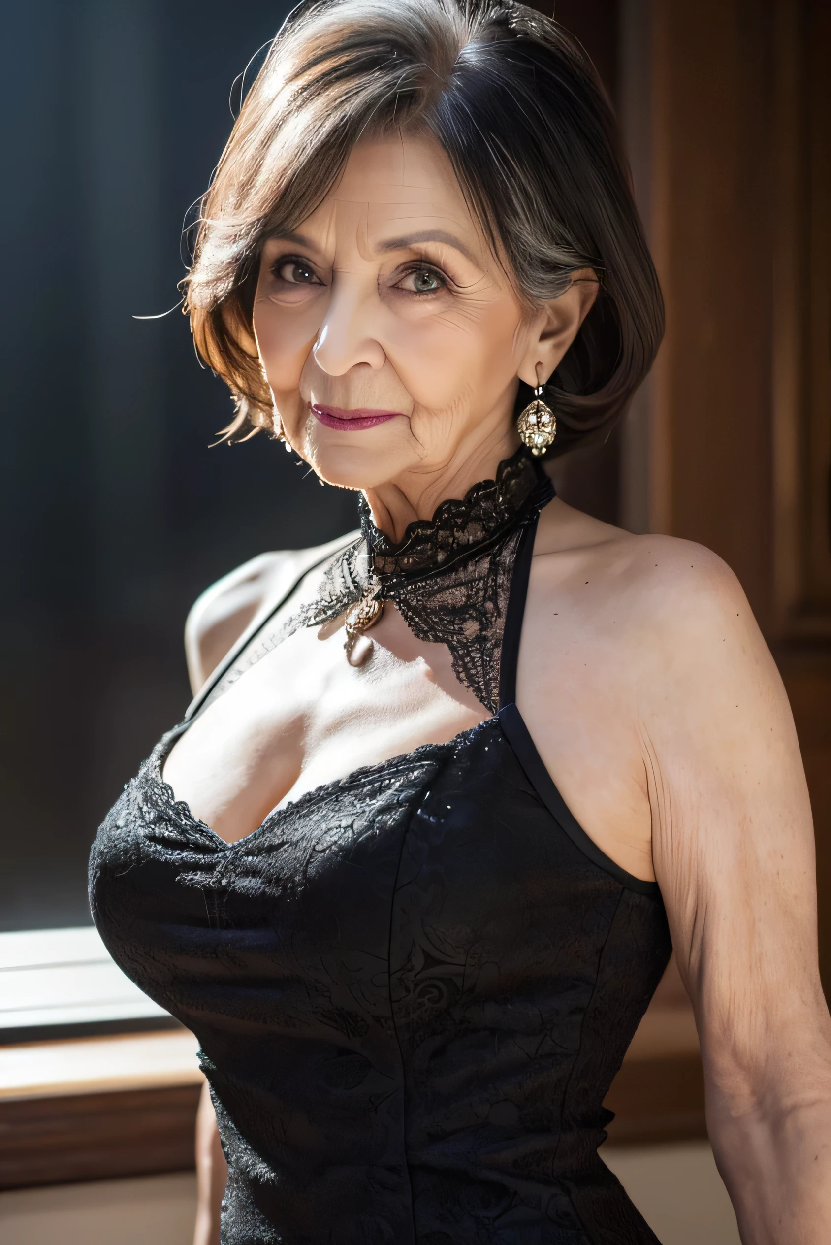 Pay back, masterpiece,  high res, Realistic, RAW Photos, 8K wallpaper, perfection, Professional Lighting,    very detailed, ((Beautiful old lady)), 80 years old, Sexy old woman, ((Sexy black mini dress)), ,    upper body, ((  staring at the viewer  &#39;eye)), Detailed face, Beautiful eye, ((I&#39; I'm looking forward to it )), In the stylish dining room, sunny, bangs, Shapely breasts,    short bob hair, Plump and glossy lips,    cowboy shot, ((   place your arms between your legs))